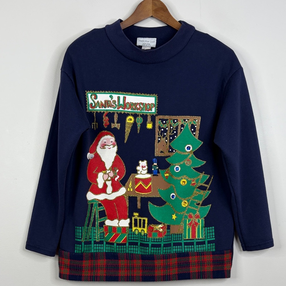 Ugly Christmas Sweater Womens Large Navy Blue Cotton Sweatshirt Glitter Santa